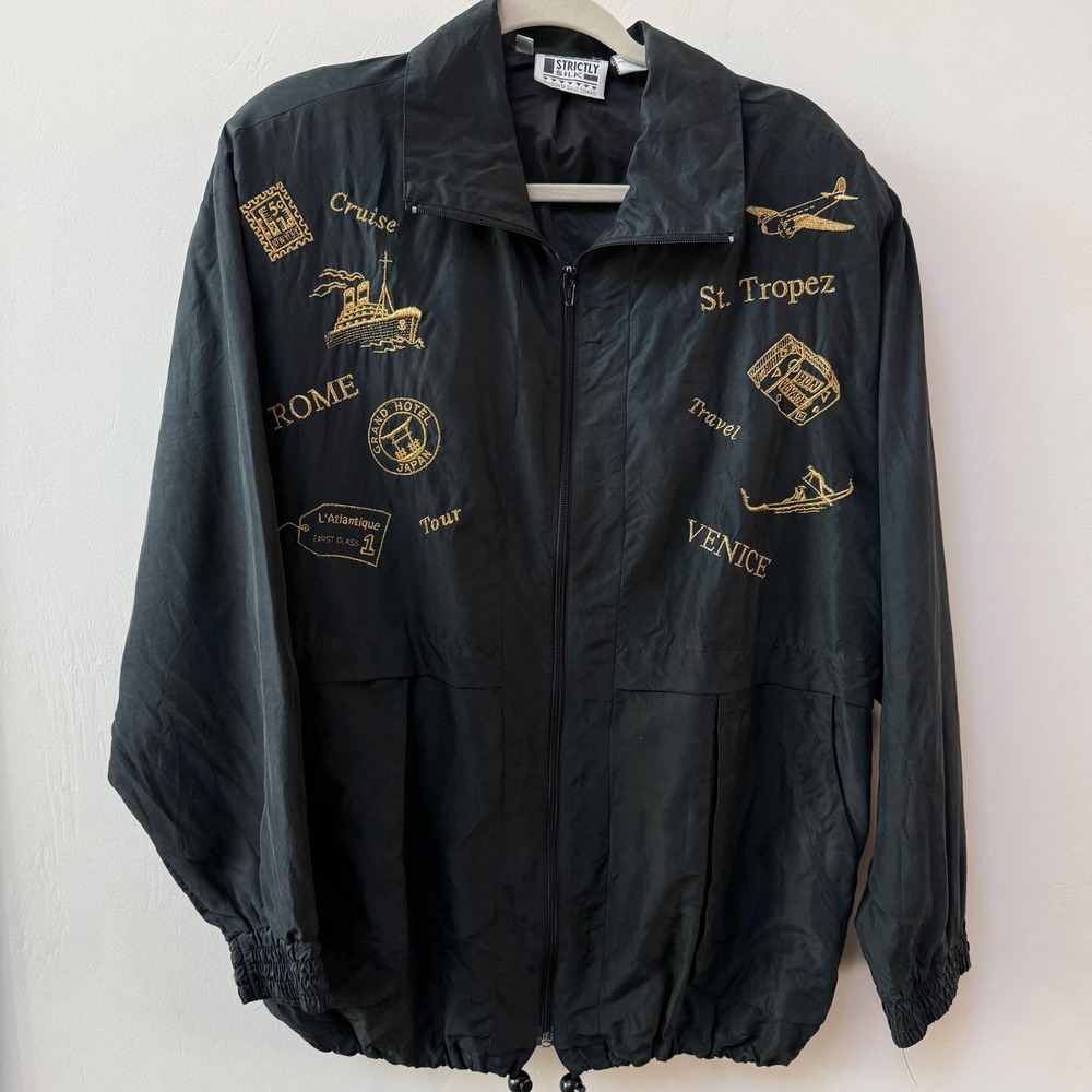 VTG Strictly Silk Womens Jacket Travel Black Gold Embroidered Size M Mob‎ Wife